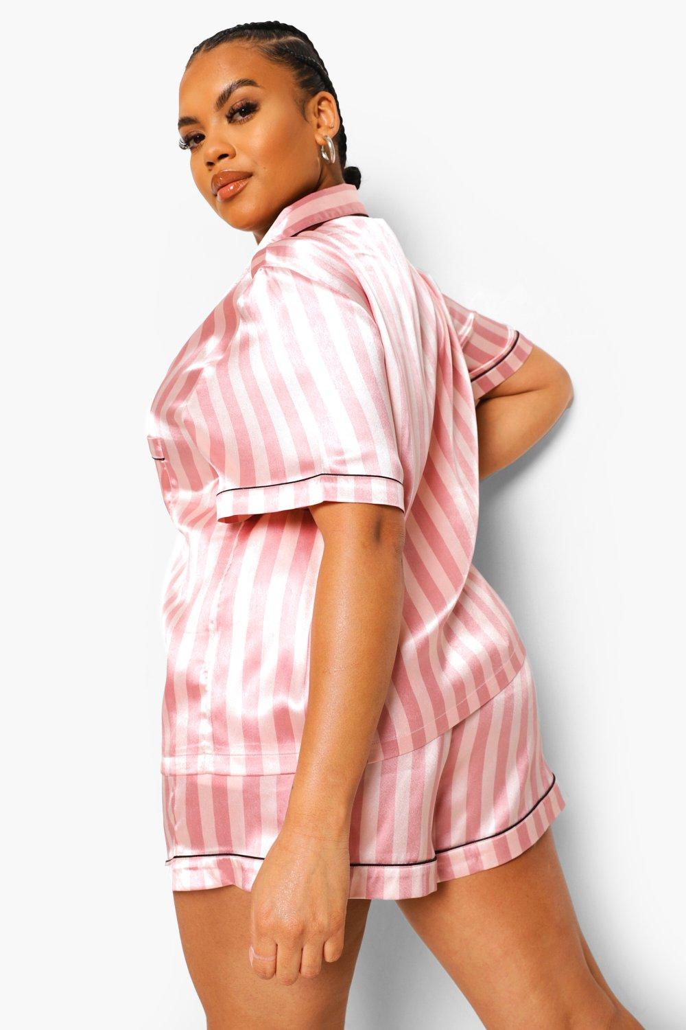 Plus Candy Stripe Satin Pajama Short Set