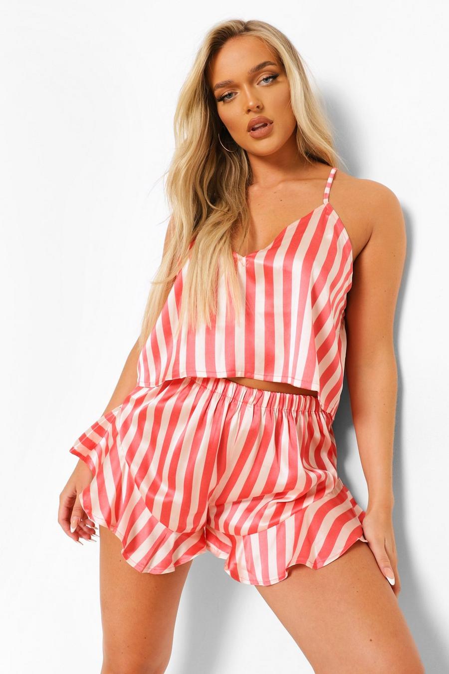 Nude Striped Satin Cami and Short Set