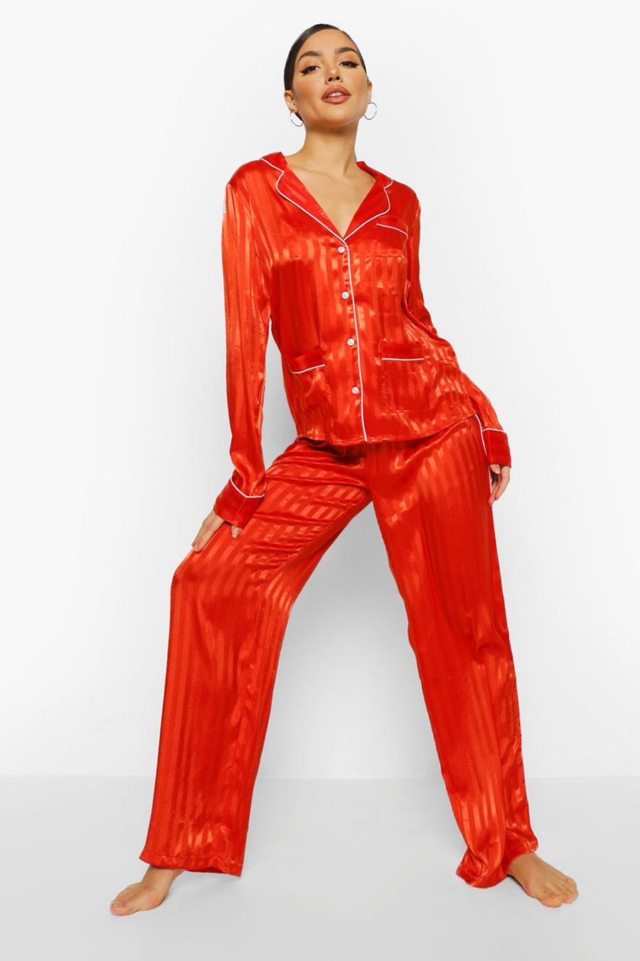 Red Jacquard Stripe Satin Pajamas image number 1