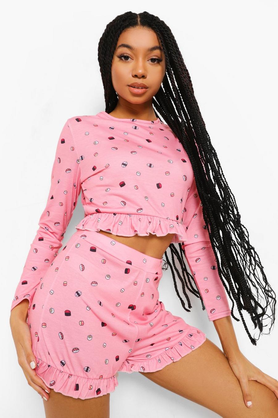 Hot pink Pyjamas med sushimönster, volanger och shorts image number 1