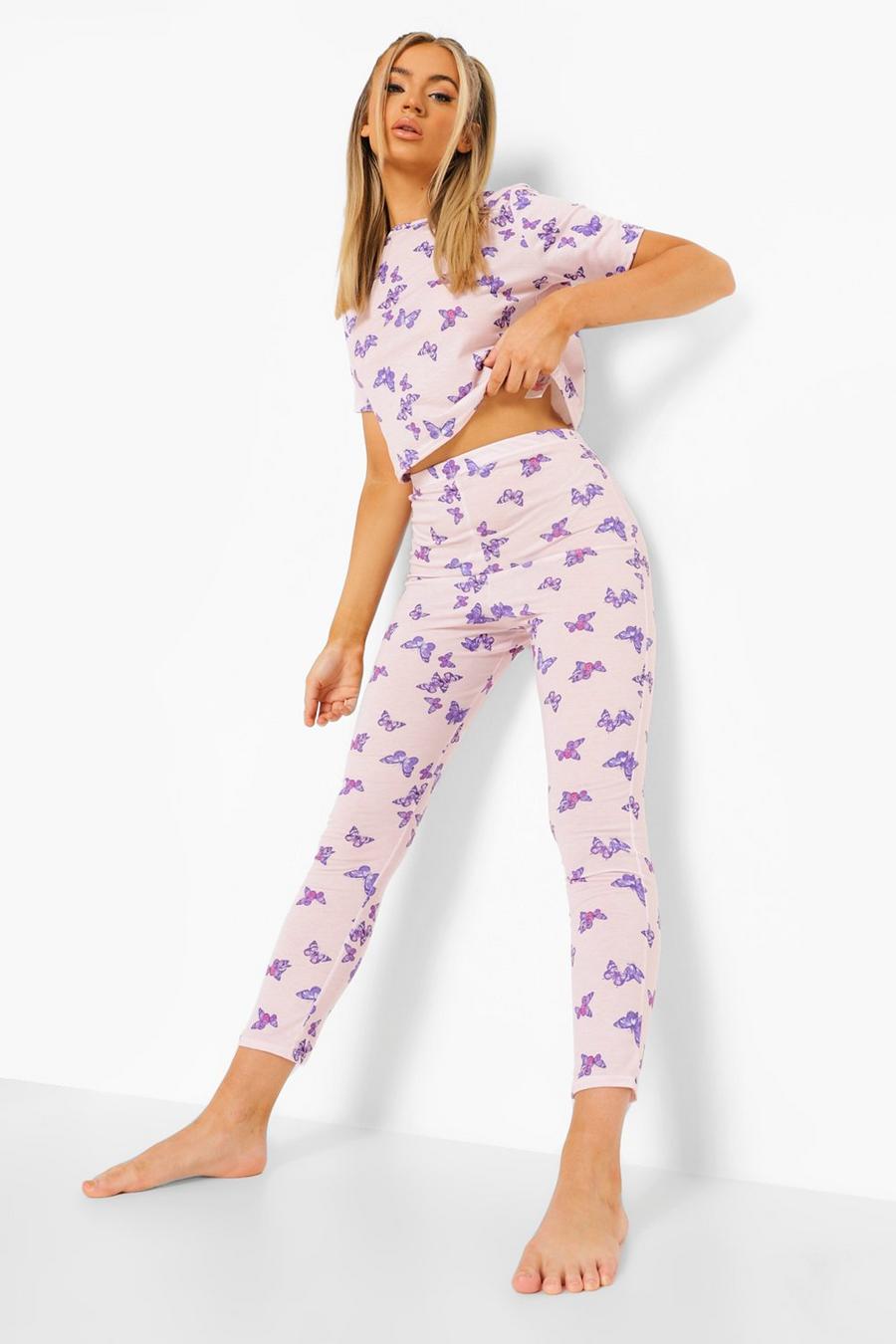 Pink Pyjamasset med fjärilsmönster och leggings image number 1