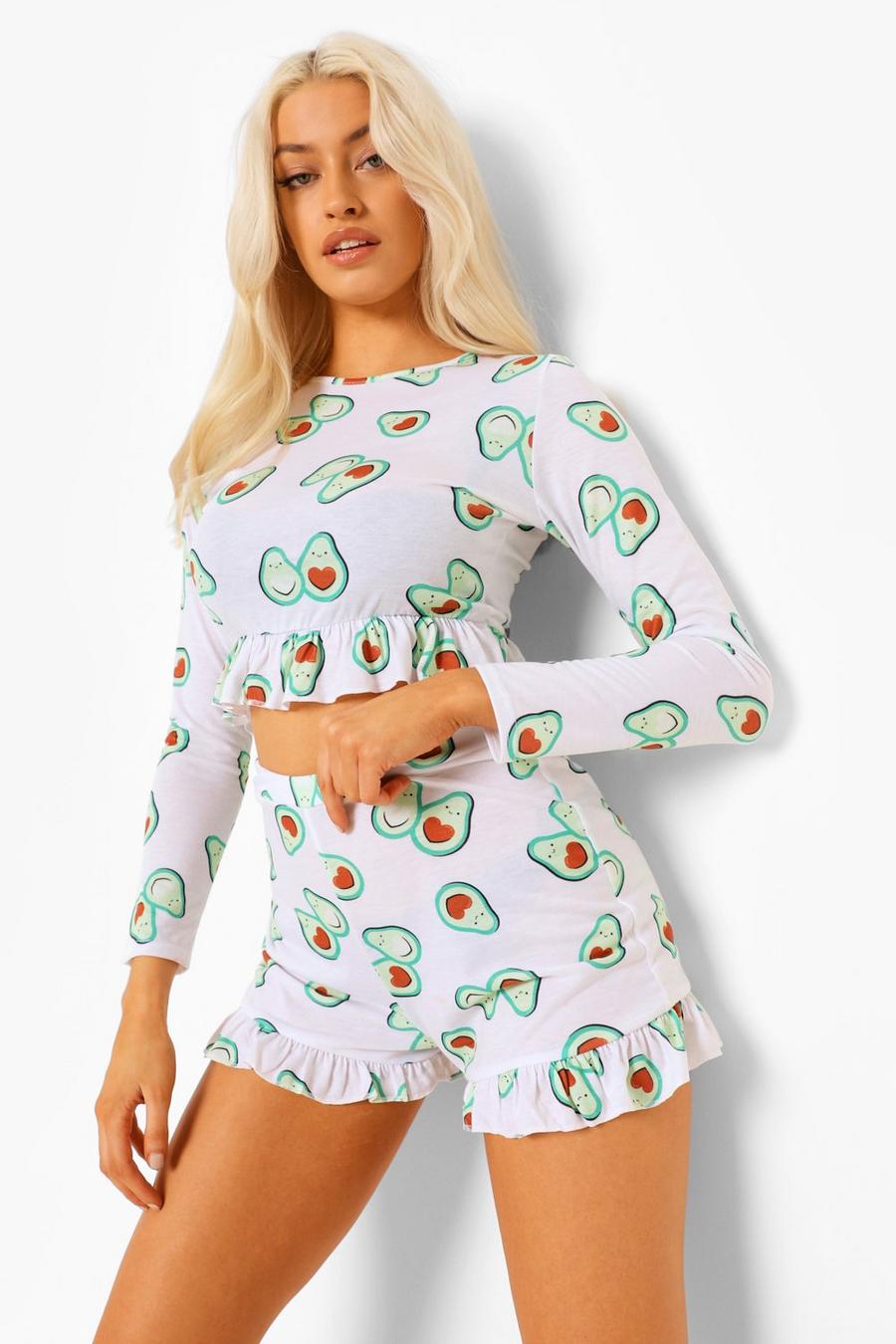 White Pyjamas med avocadomönster, shorts och volanger image number 1