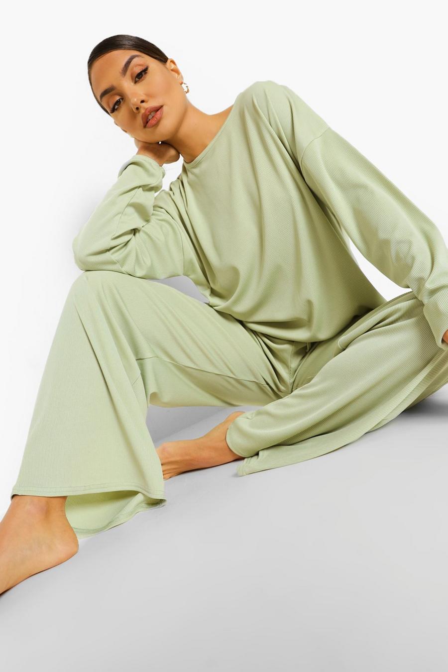 Geripptes Loungewear-Set mit weitem Bein, Minzgrün vert