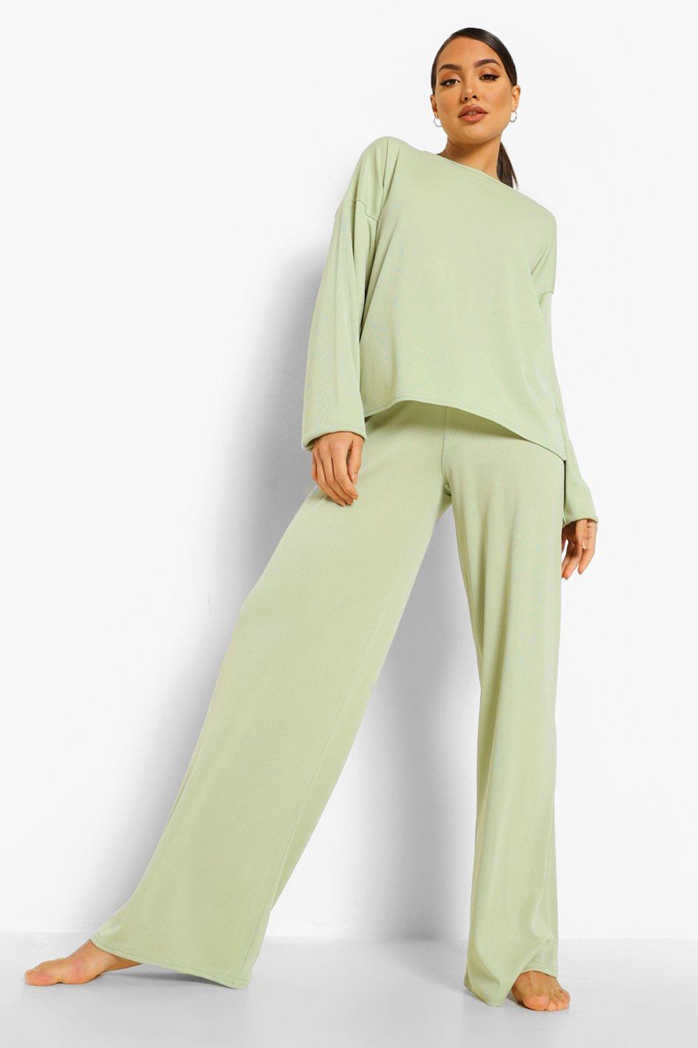 Women's Rib Contour Loungewear Set Sage Green Gym Wear – Styledup