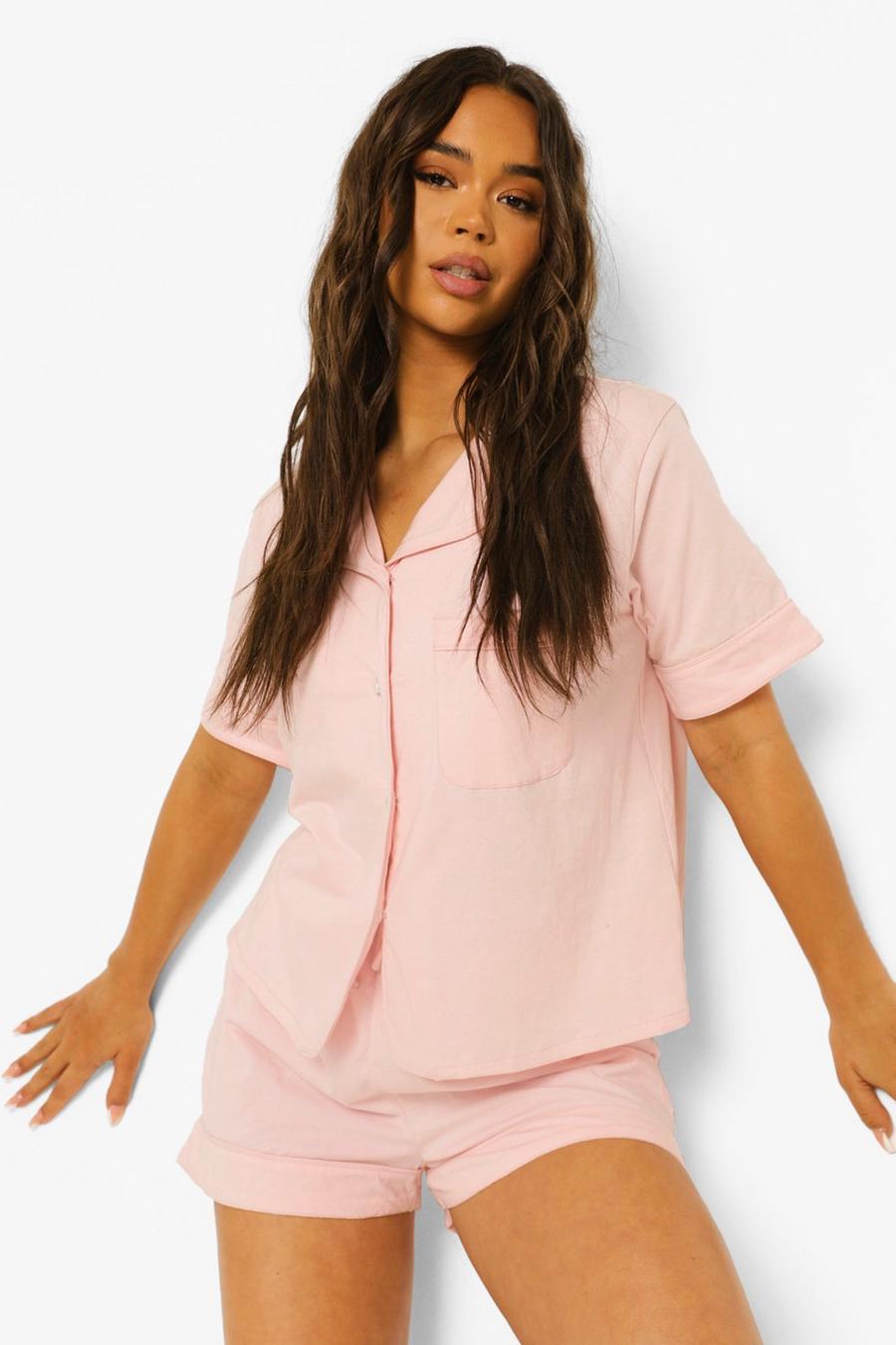 Pijama para luna de miel de tela jersey con ribete y botones de perlas, Rosa pálido image number 1