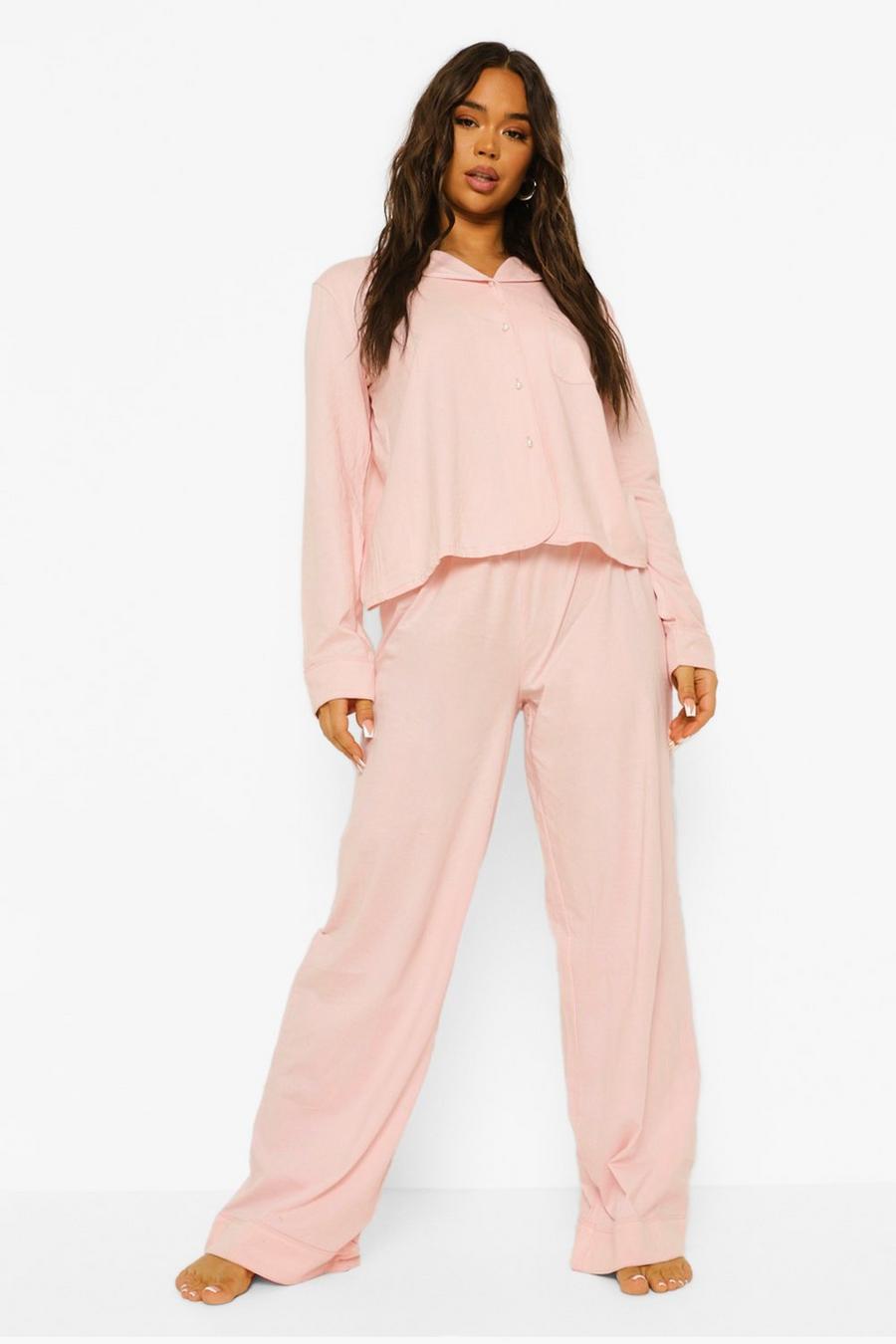 Blush pink Honeymoon Pearl Button Piping Jersey Pajamas image number 1