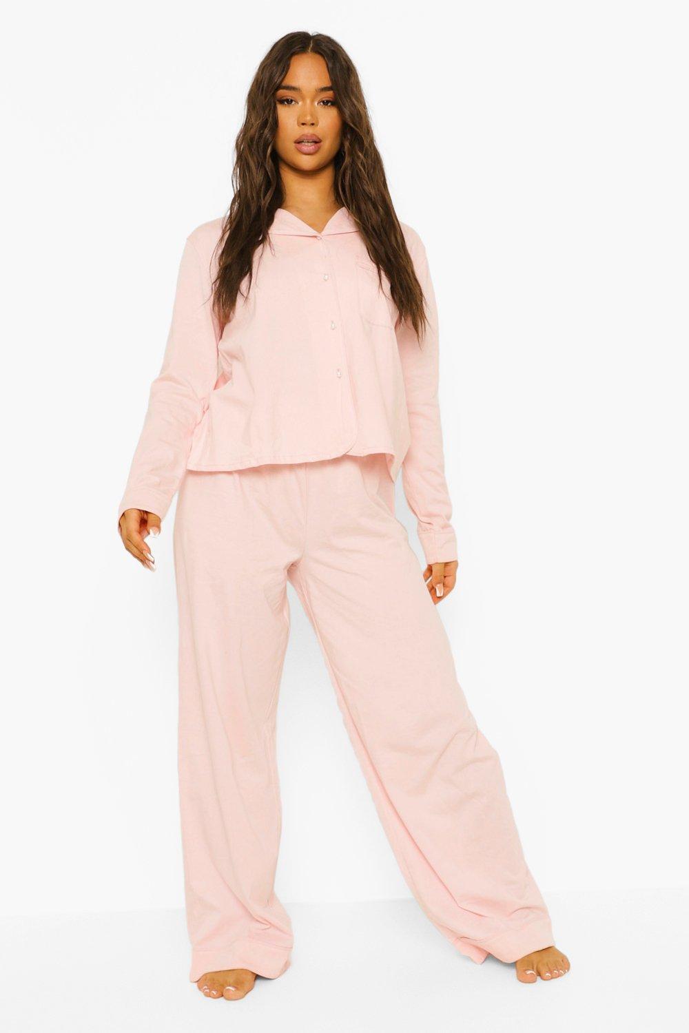 Jersey Button Pajamas Ladies Pink Blush Floral Long Sleeve Pajama Set
