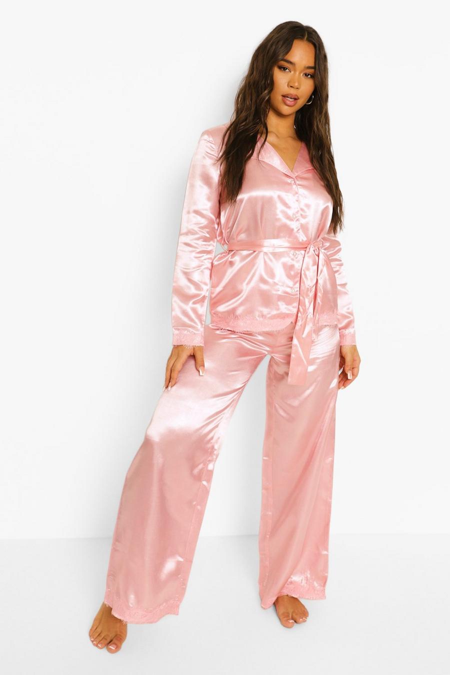 Blush Honeymoon Satin Pearl Button Lace Wrap Pajama image number 1