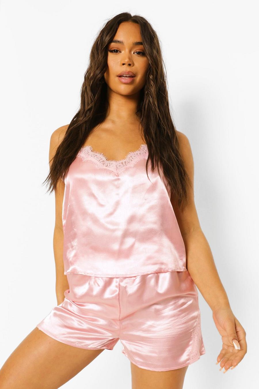 Pijama estilo camisola de encaje y satén con espalda de nadador de luna de miel, Rosa pálido image number 1