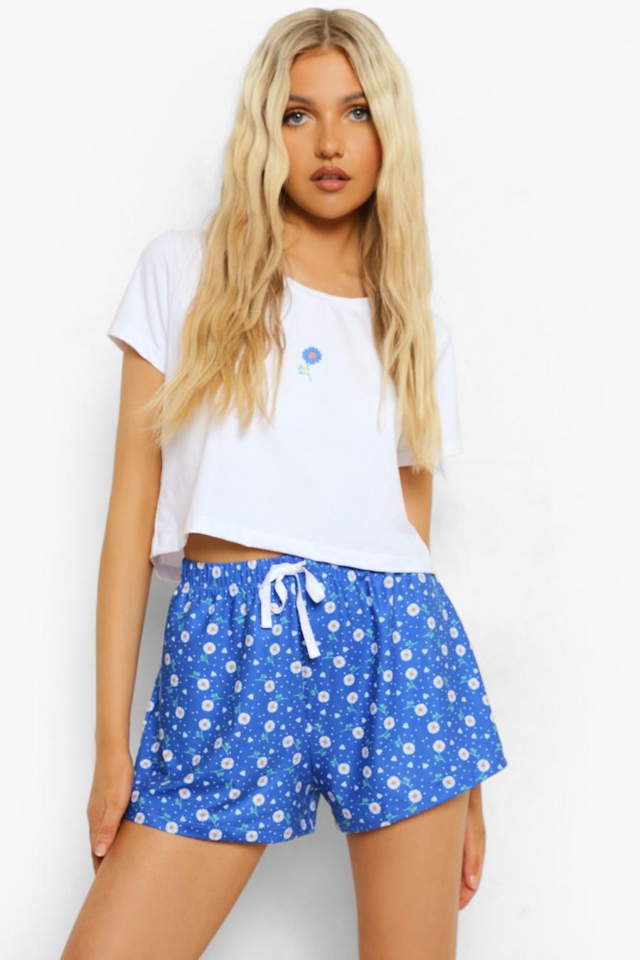 Cobalt blå Blommig pyjamas med crop top och shorts image number 1