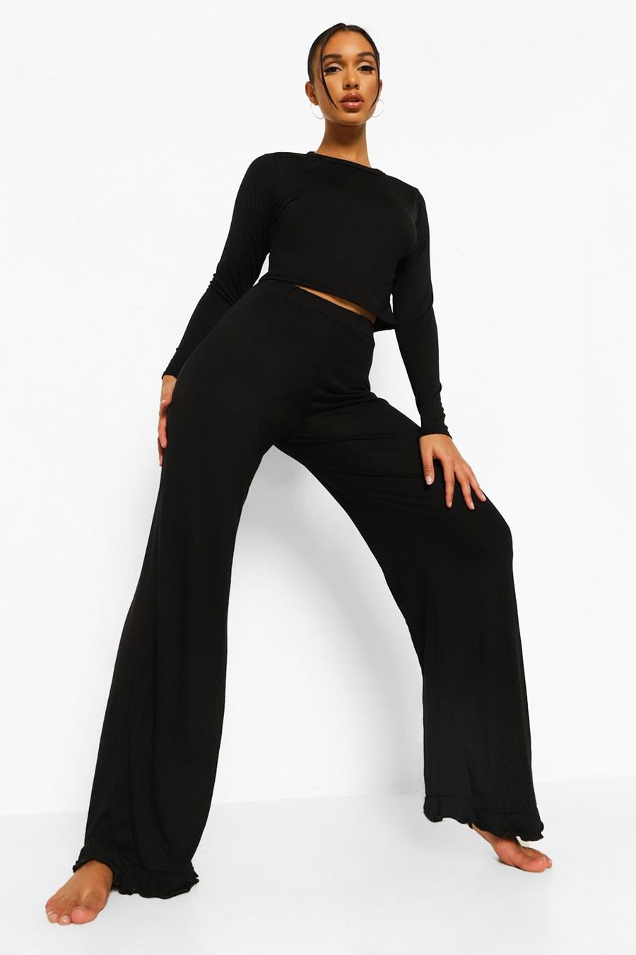 Black Long Sleeve And Frill Hem Loungewear Set image number 1