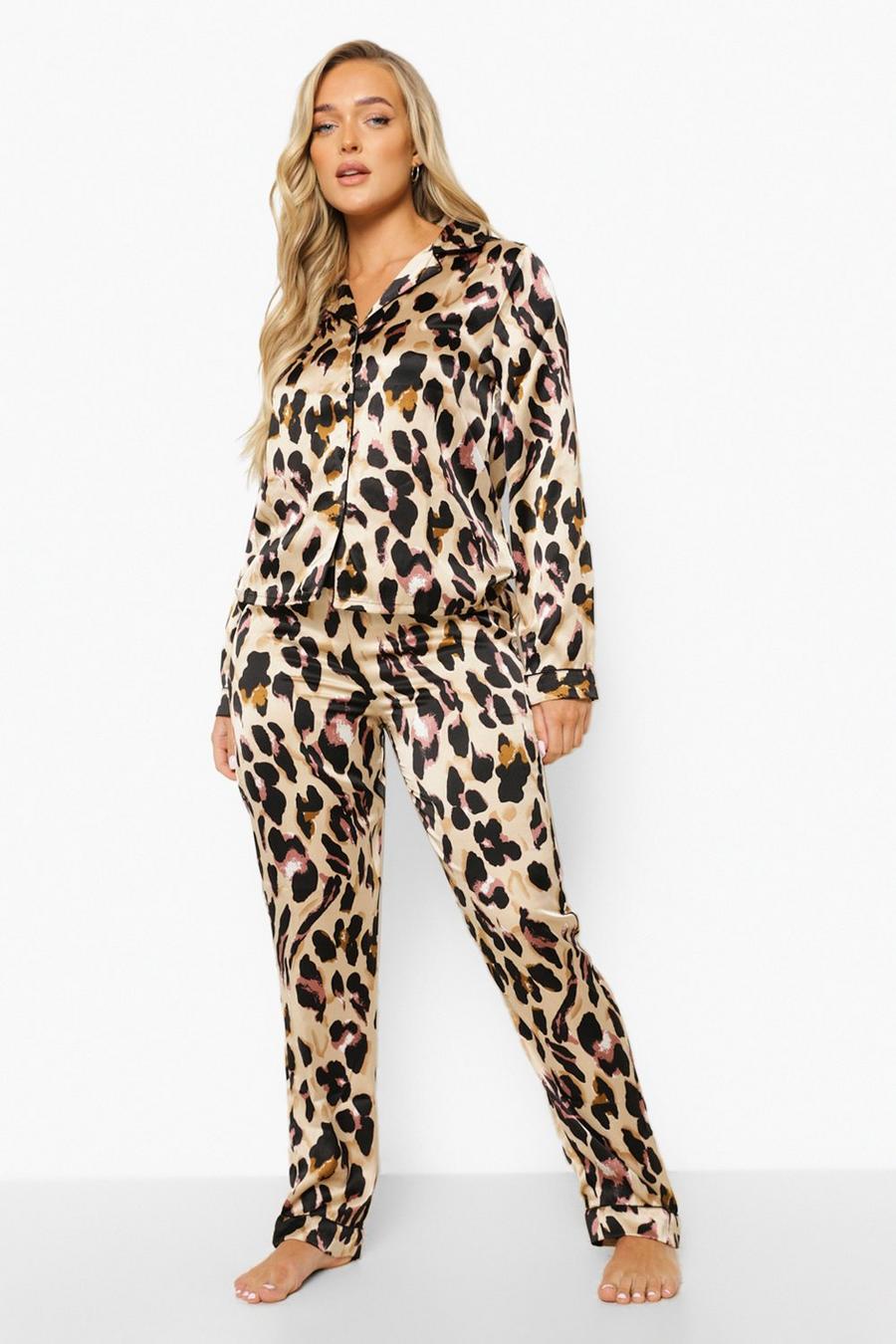 Conjunto de pijama en satén con estampado de leopardo, Marrón image number 1