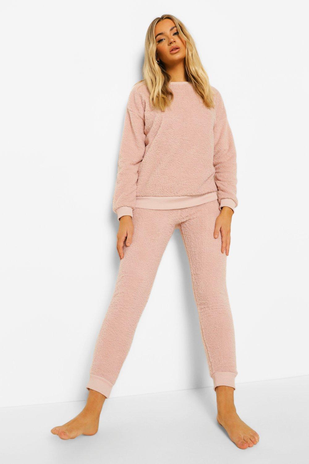 Womens Teddy Fleece Pyjama Set, Long Sleeve Top & Full Length Bottoms, In  Pink – B Couture