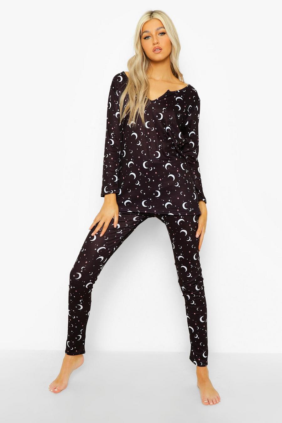Black Tall Pyjamaströja och leggings med stjärnor och månar image number 1