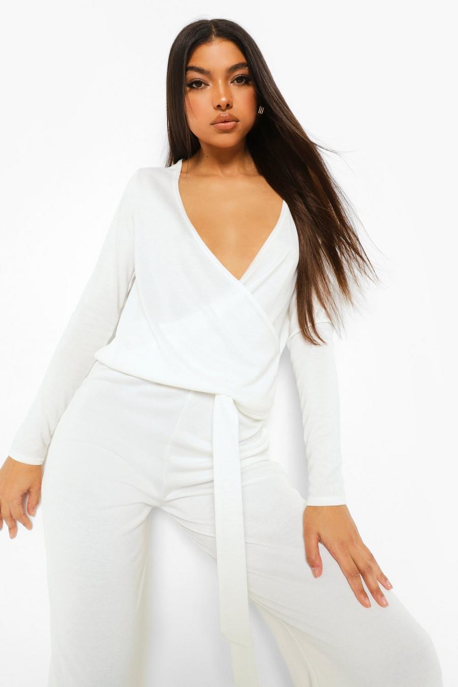 White Tall Knit Wrap Top & Trousers Loungewear Set image number 1