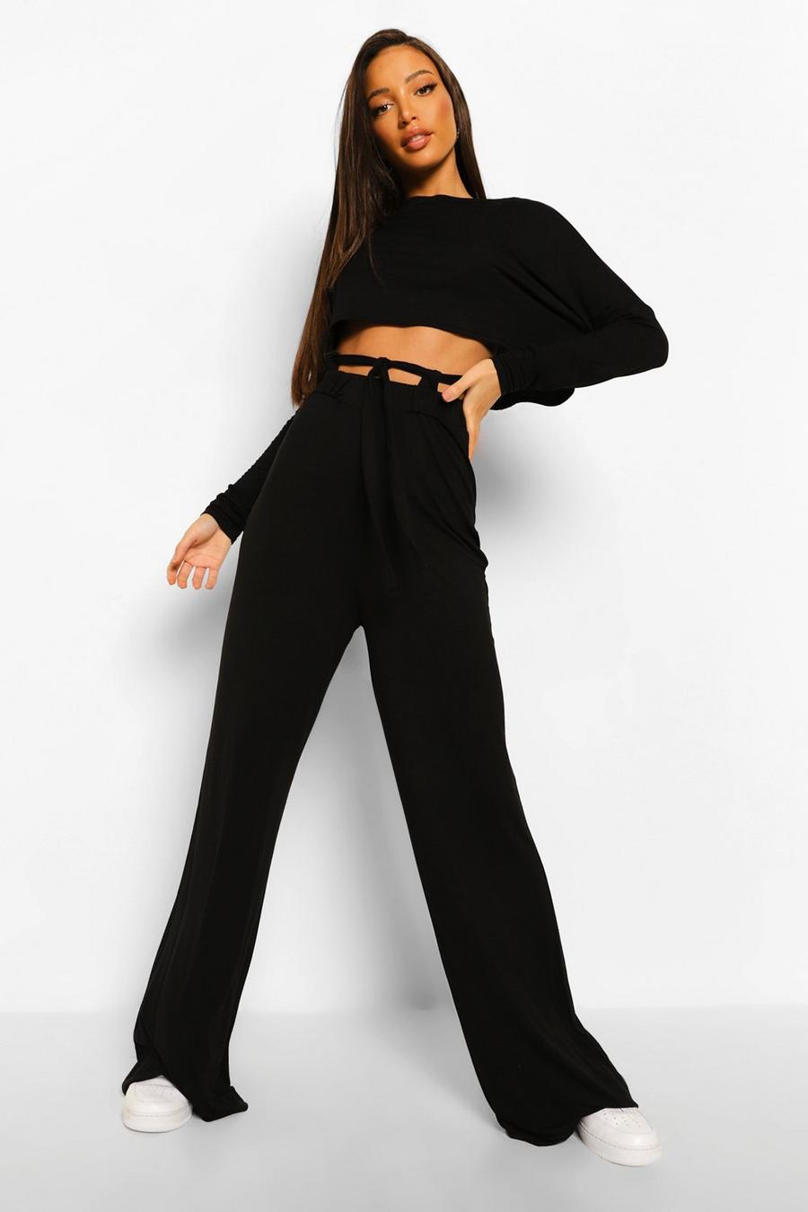 Black Tall Slouchy Tie Straps Lounge Trousers image number 1