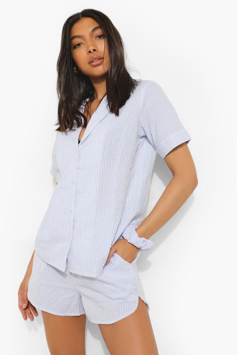 Blue Tall Striped Top Short And Scrunchie Pj Set image number 1