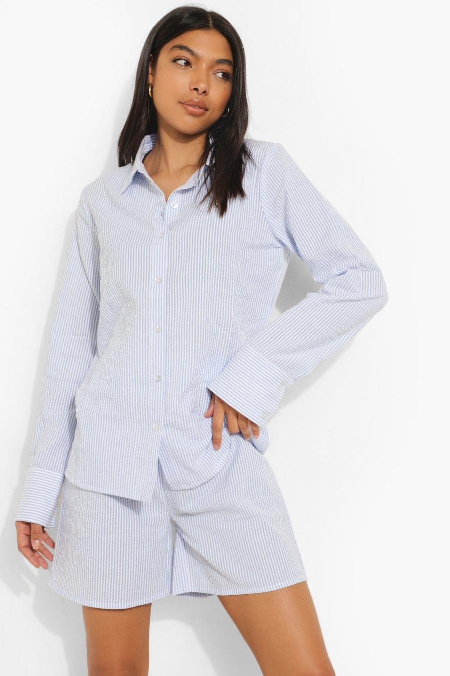 Set de pijama de camiseta tejida con raya diplomática y pantalones cortos Tall, Azul image number 1