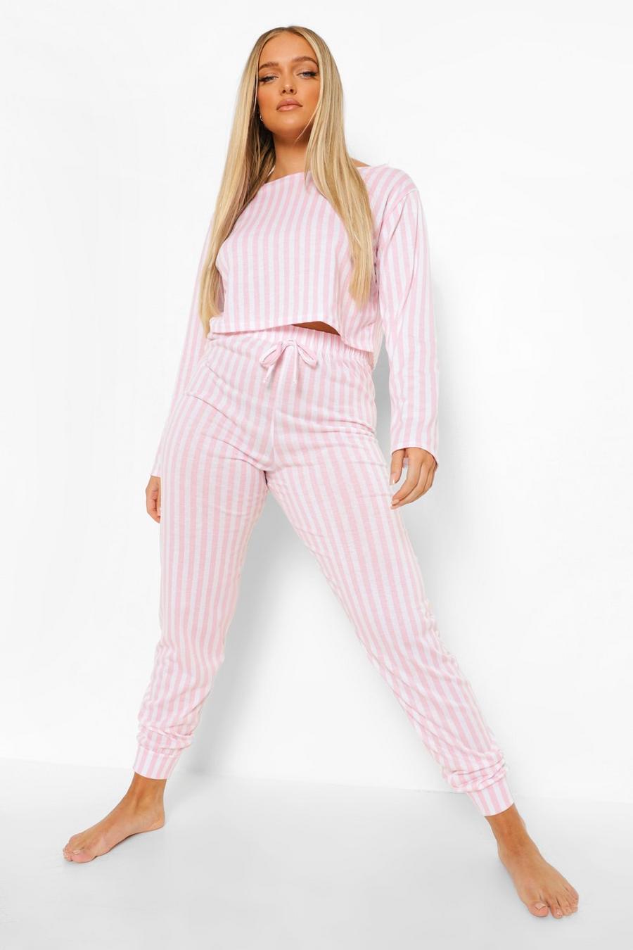 Pijama de pantalón largo y top crop de rayas, Rosa image number 1