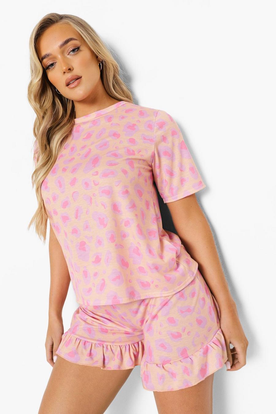 Pyjama in Übergröße mit T-Shirt mit Leopardenmuster und Shorts mit Rüschen, Pfirsich image number 1