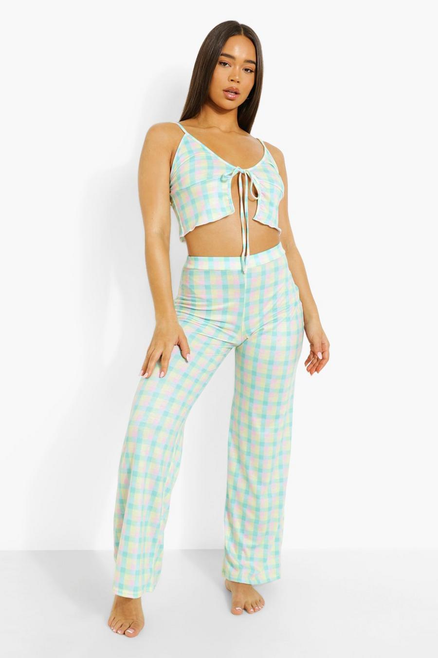 Multi Rutig pyjamas med crop top och byxor image number 1