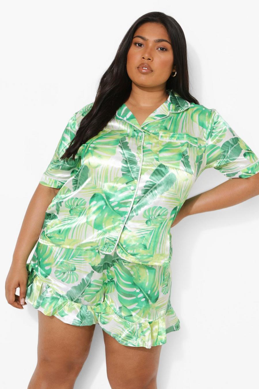 Green Plus Satijnen Blad Print Pyjama Set Met Shorts image number 1