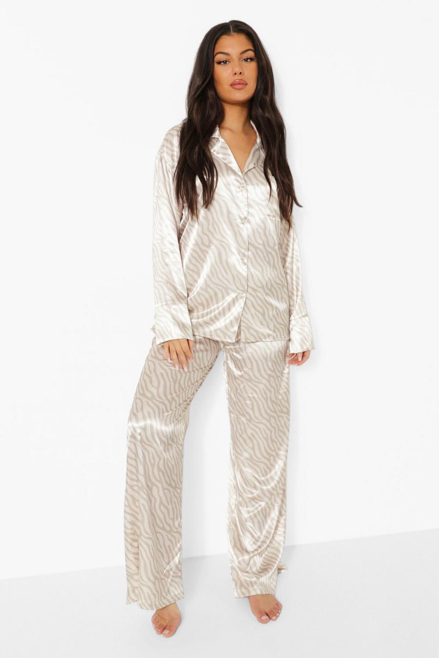 Set de pijama con estampado de cebra de satén, Crema image number 1