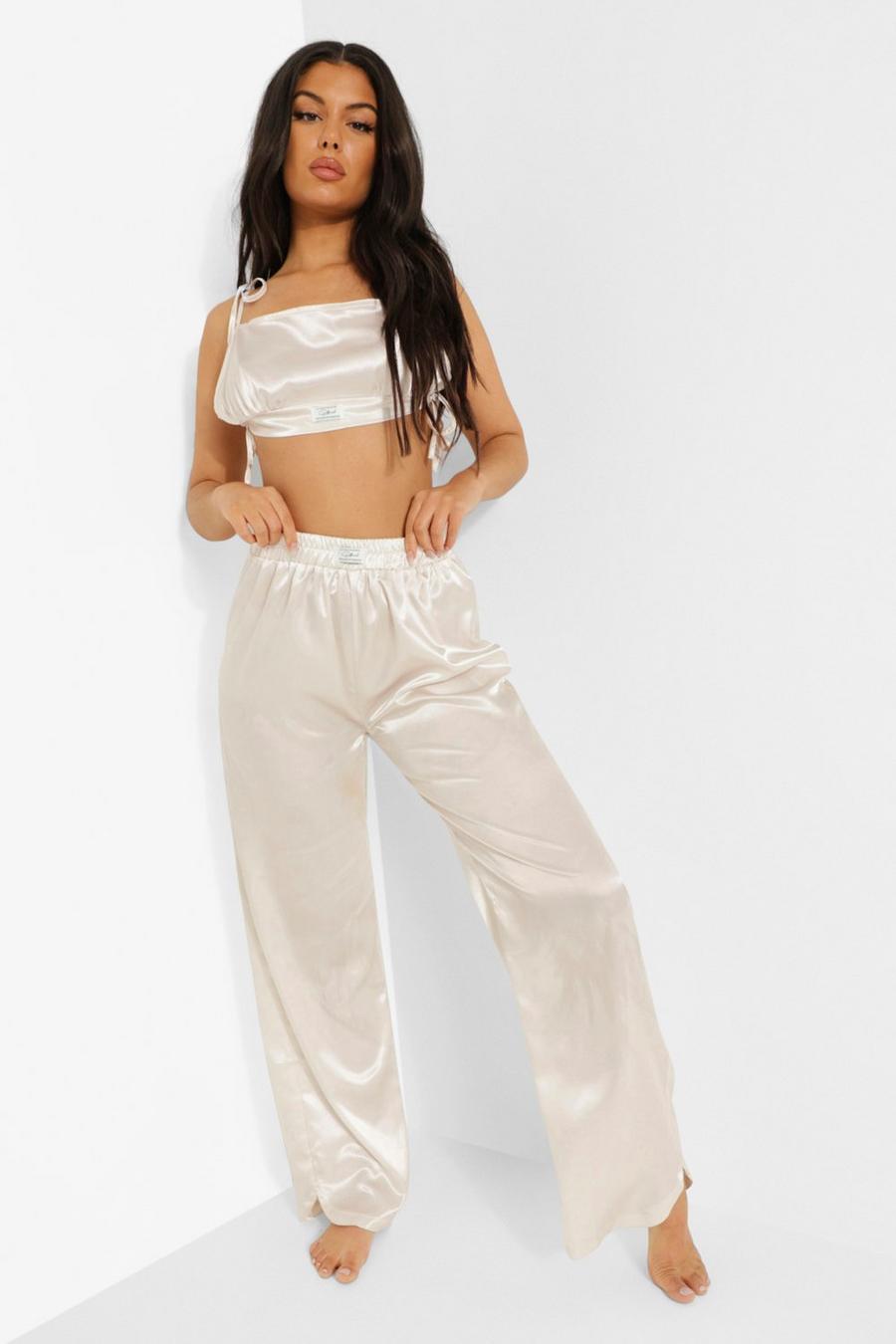 Cream Official Woven Tab Satin Wide Leg Pants image number 1