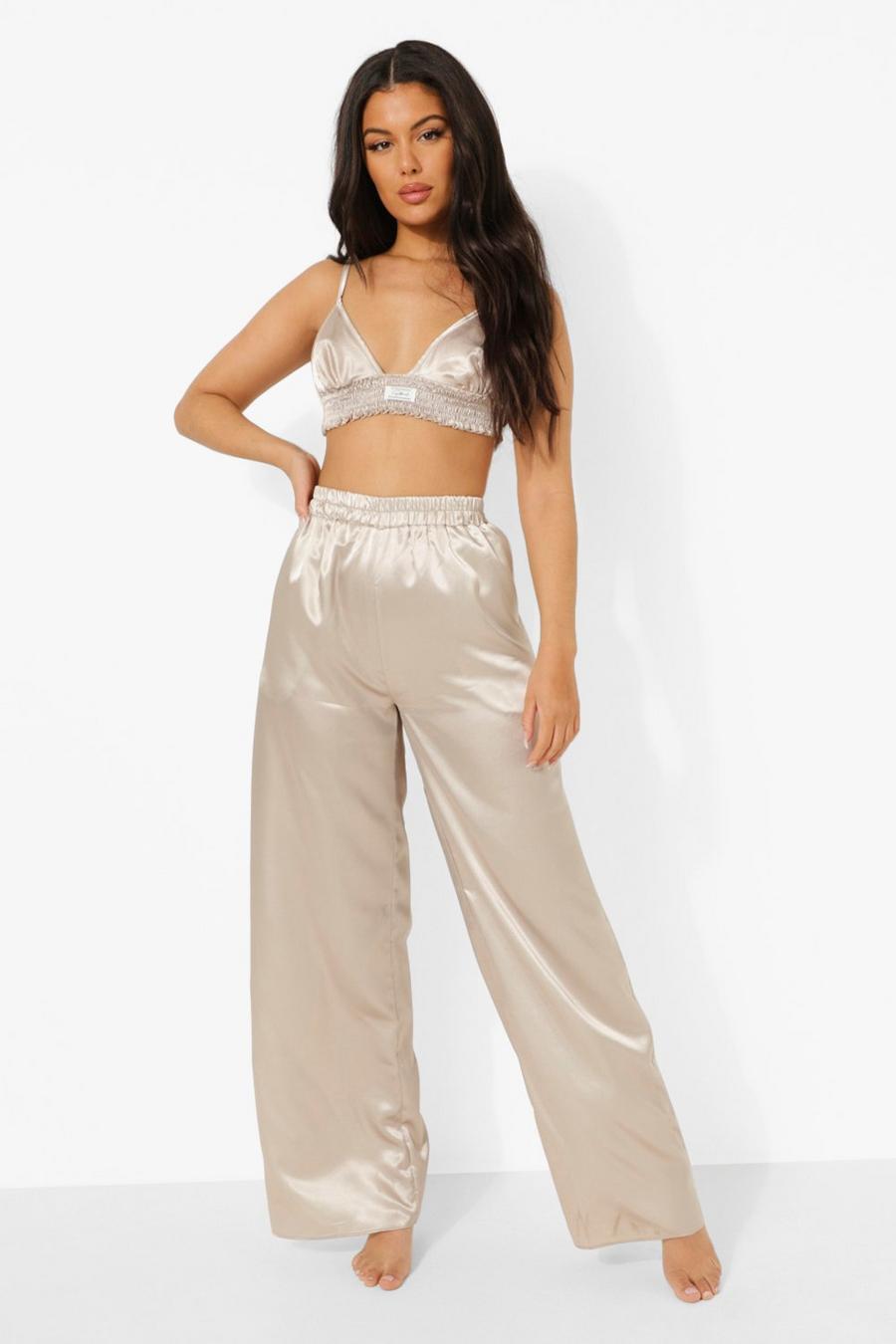 Taupe Wide Leg Satin Pj Trousers image number 1
