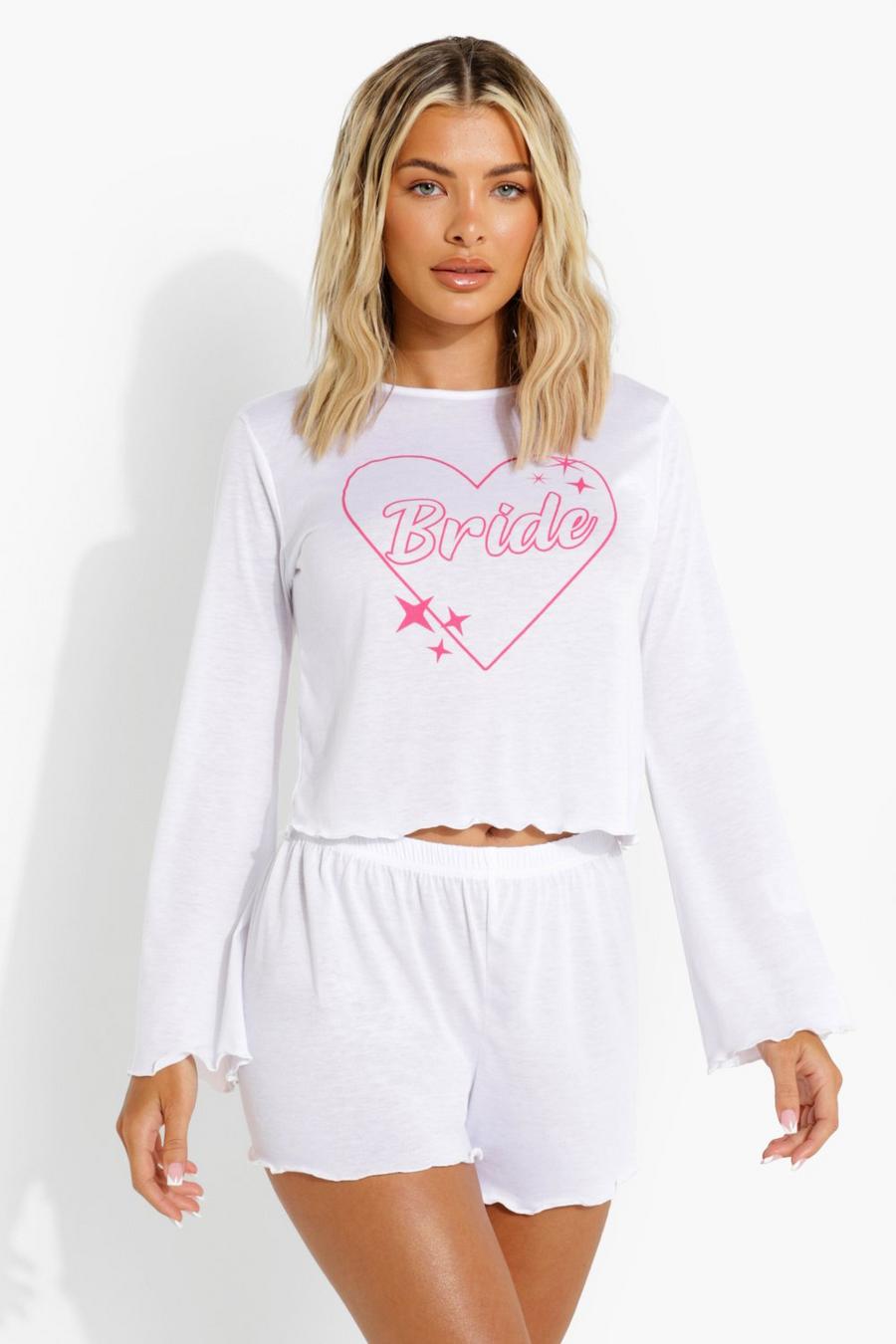 Set pijama con pantaloncini, maniche scampanate e scritta Bride , Bianco image number 1