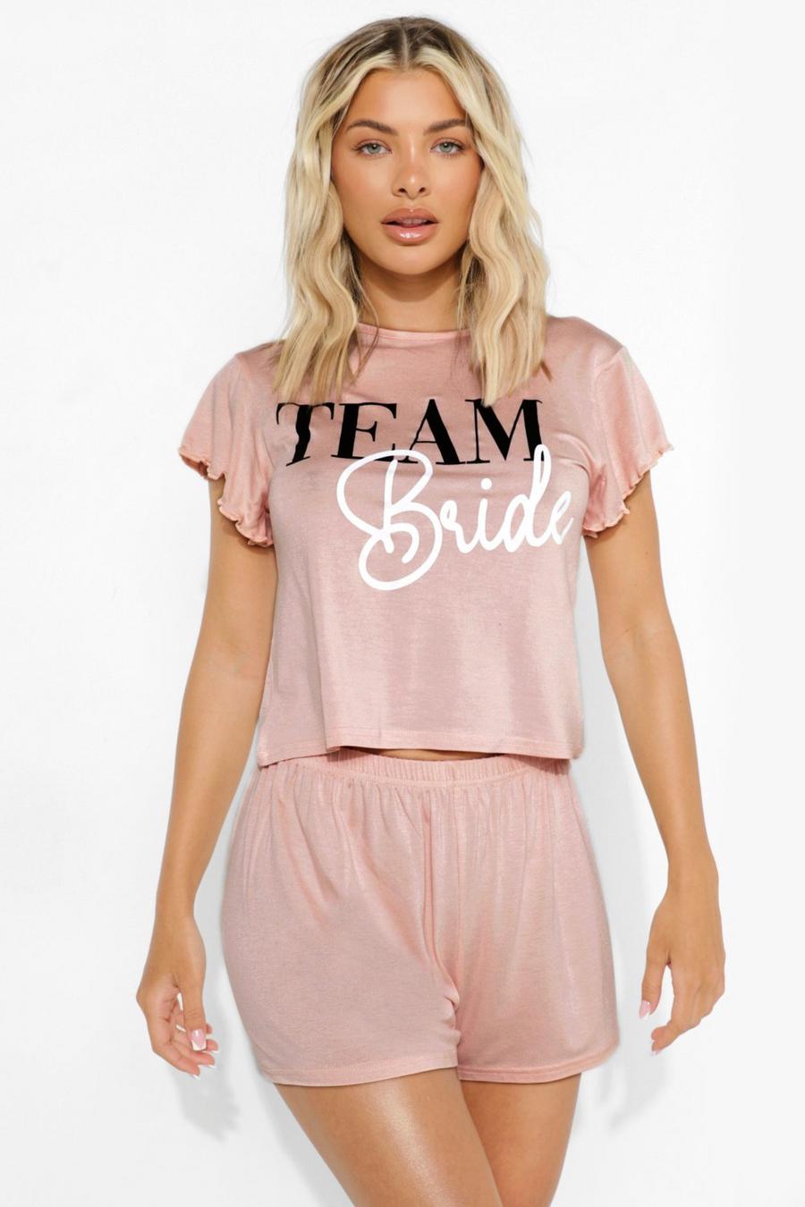 Set pijama con pantaloncini, maniche a balza e scritta Team Bride , Cipria rosa