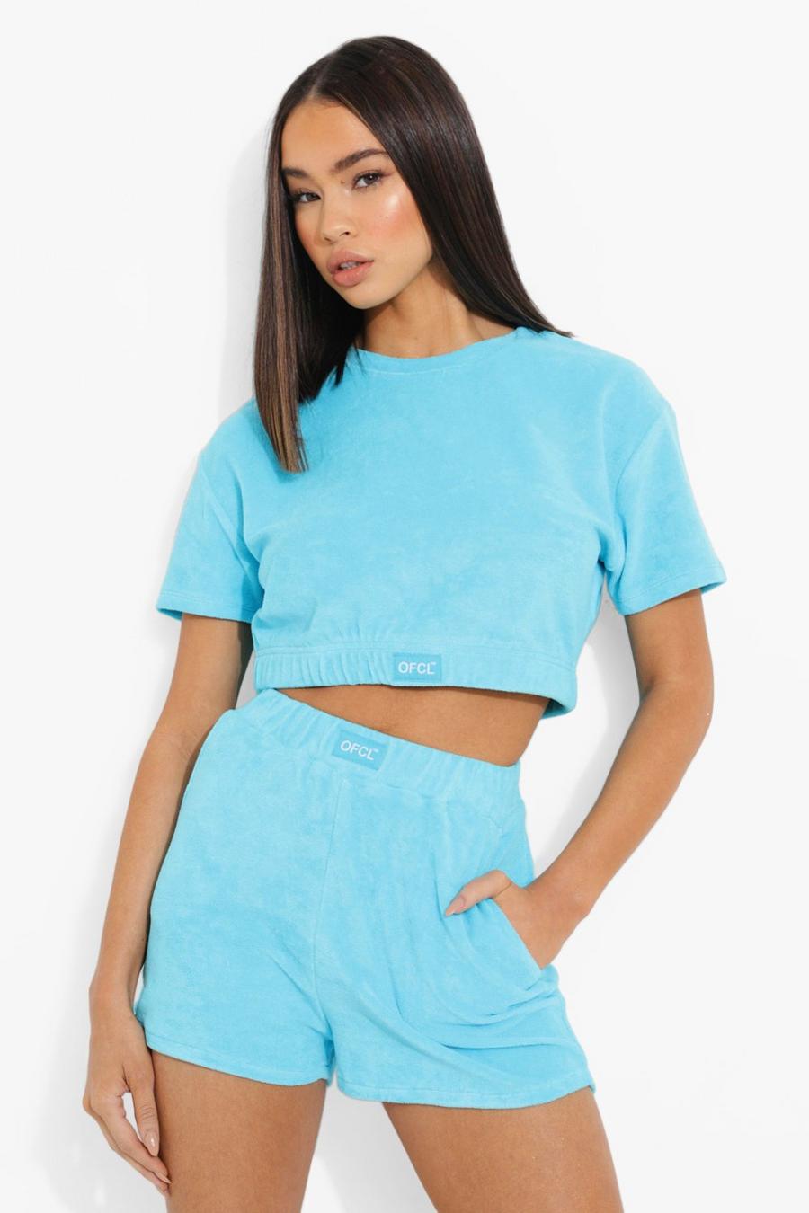 Blue Ofcl Woven Tab Towelling Crop Top image number 1