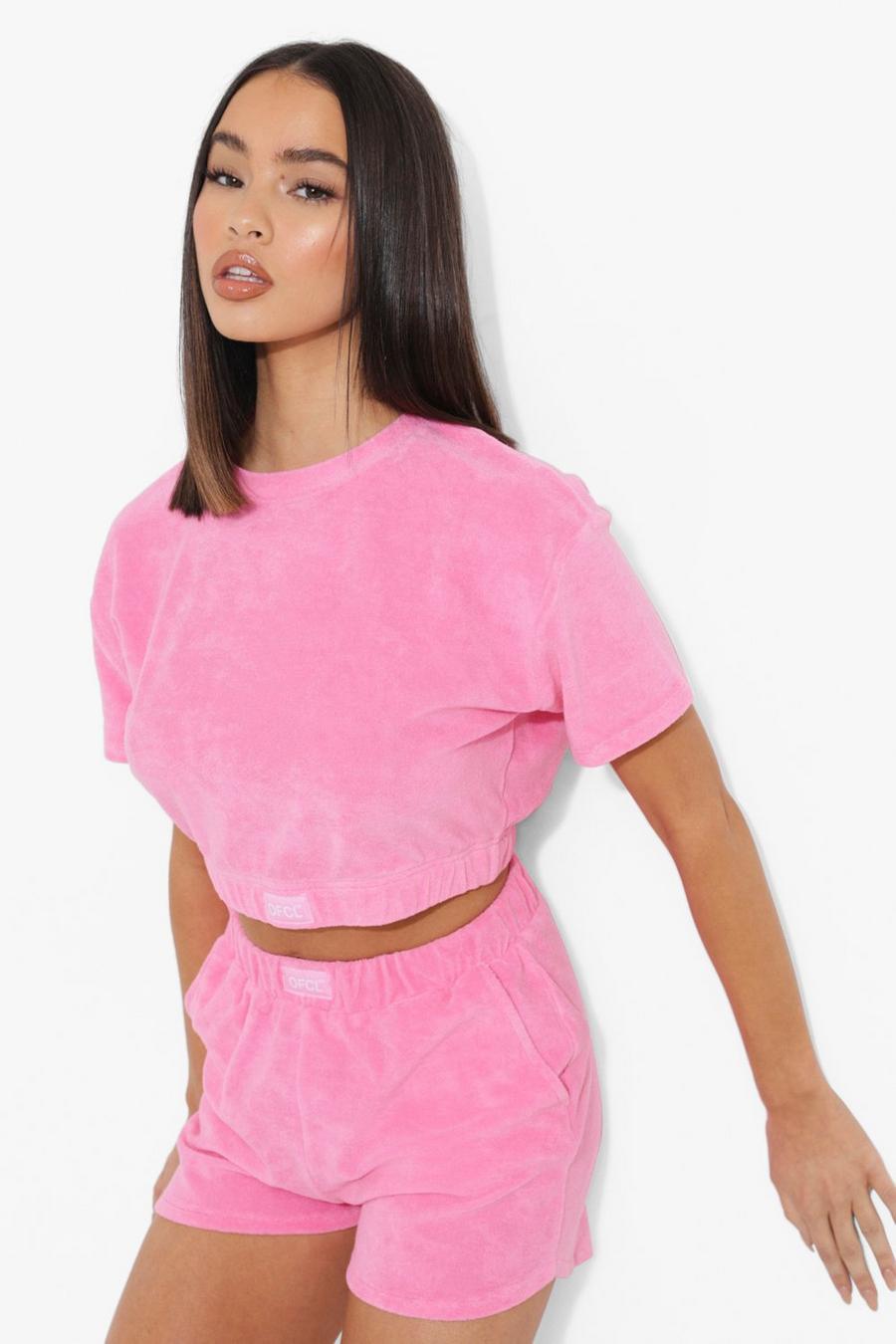 Pink Ofcl Woven Tab Toweling Crop Top image number 1