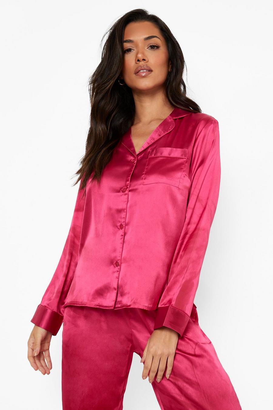 Hot pink Mixa & Matcha Pyjamasskjorta i satin image number 1