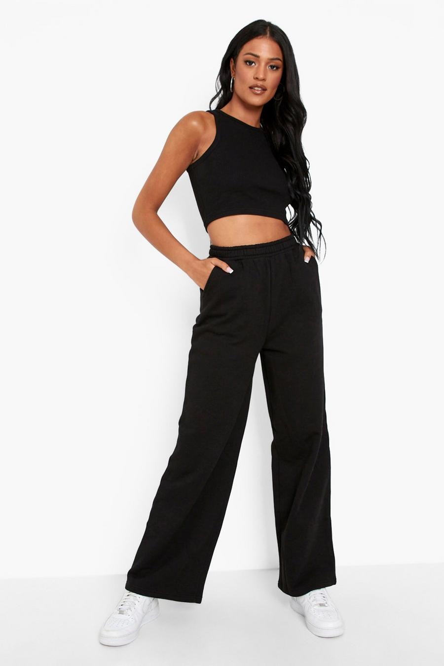 Black Tall Wide Leg And Crop Top Lounge Set image number 1