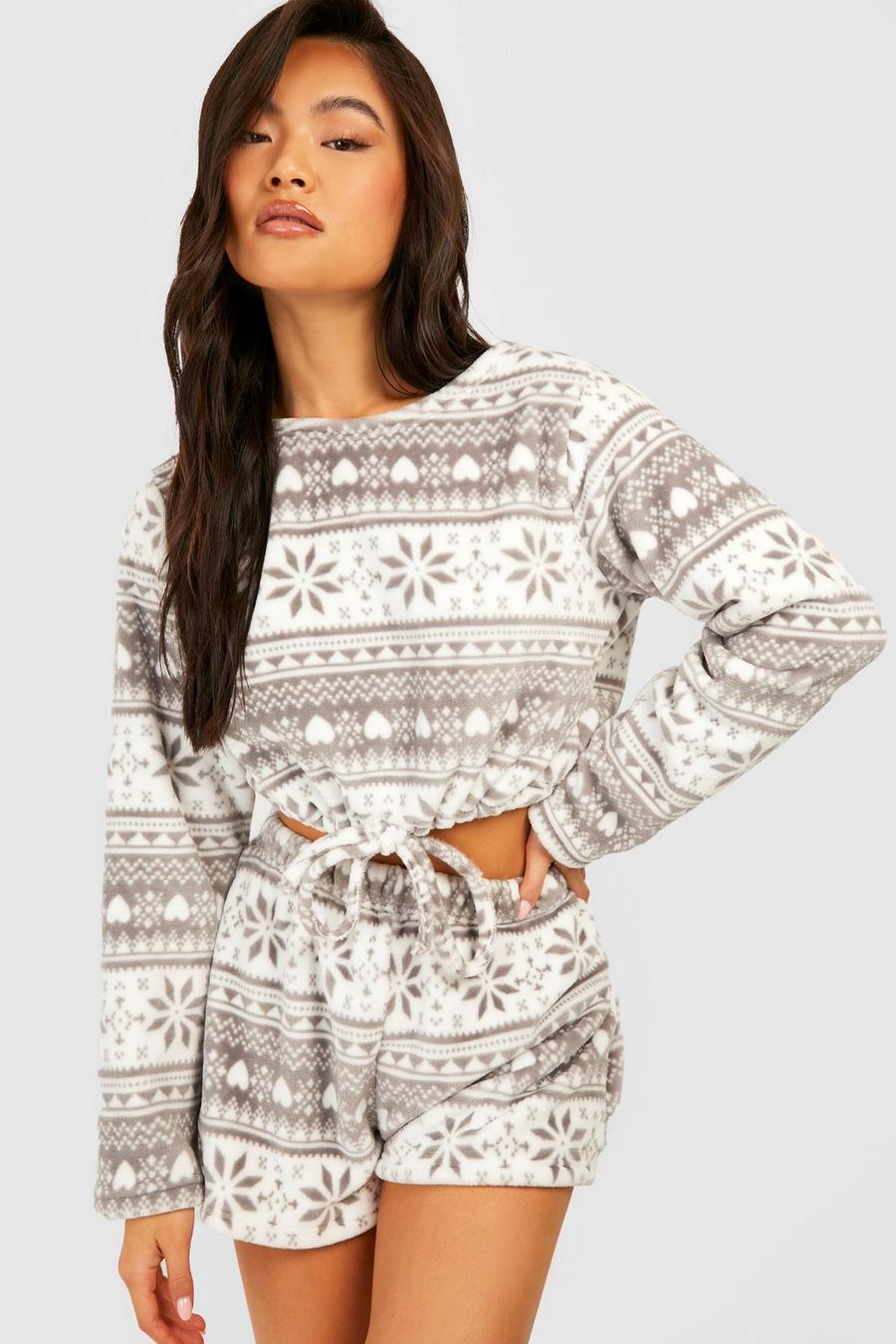Grey Fairisle Fleece Crop Sweater & Short Set image number 1