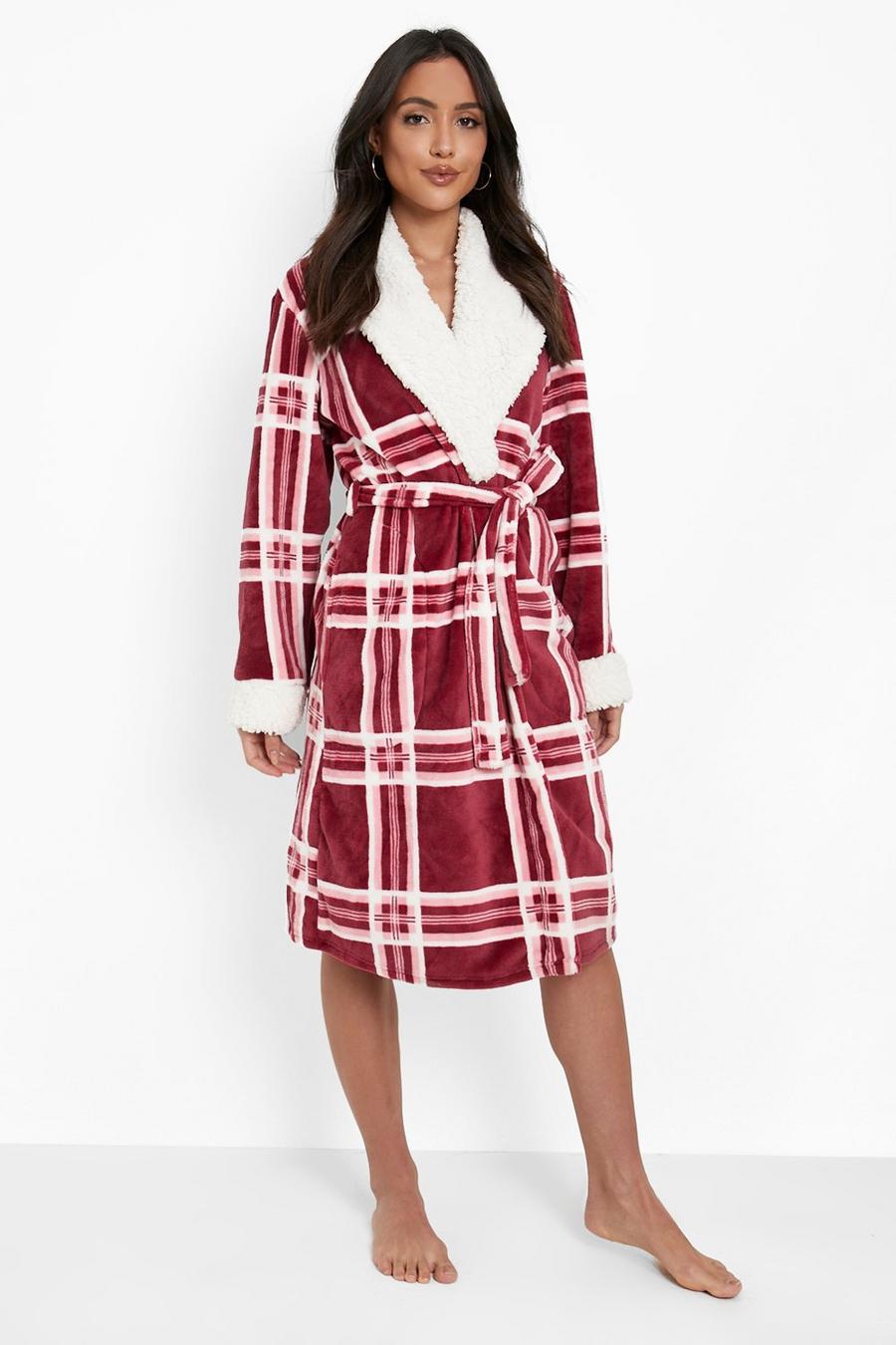 Burgundy Check Borg Dressing Gown image number 1
