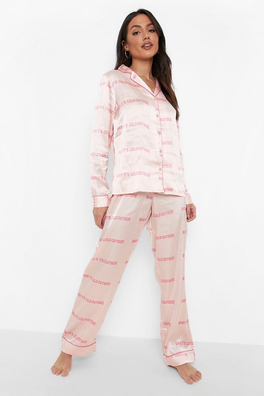 Pink Baby It's Cold Outside Satin Pj Trouser Set image number 1