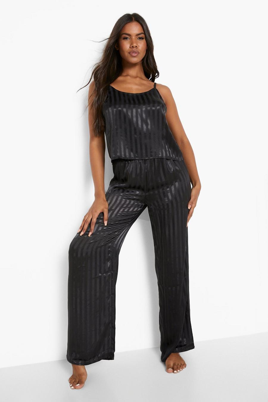 Black Stripe Satin Cami And Trouser Set