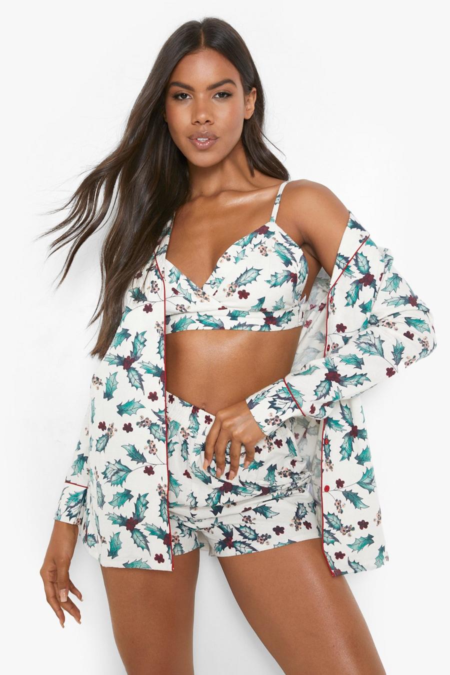 White Holly Print Shirt Bralette And Short Set image number 1