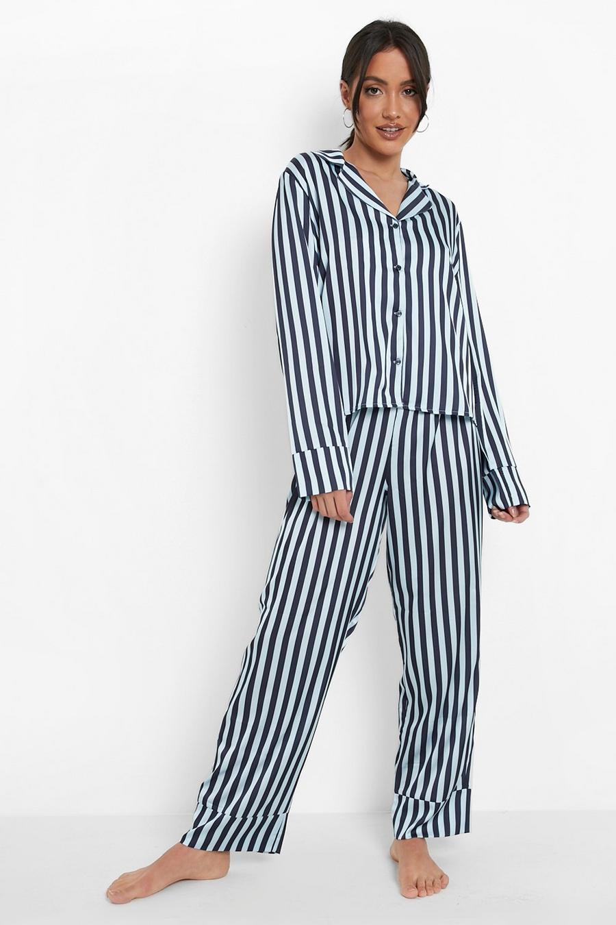 Pijama largo de raso con estampado de rayas, Navy image number 1