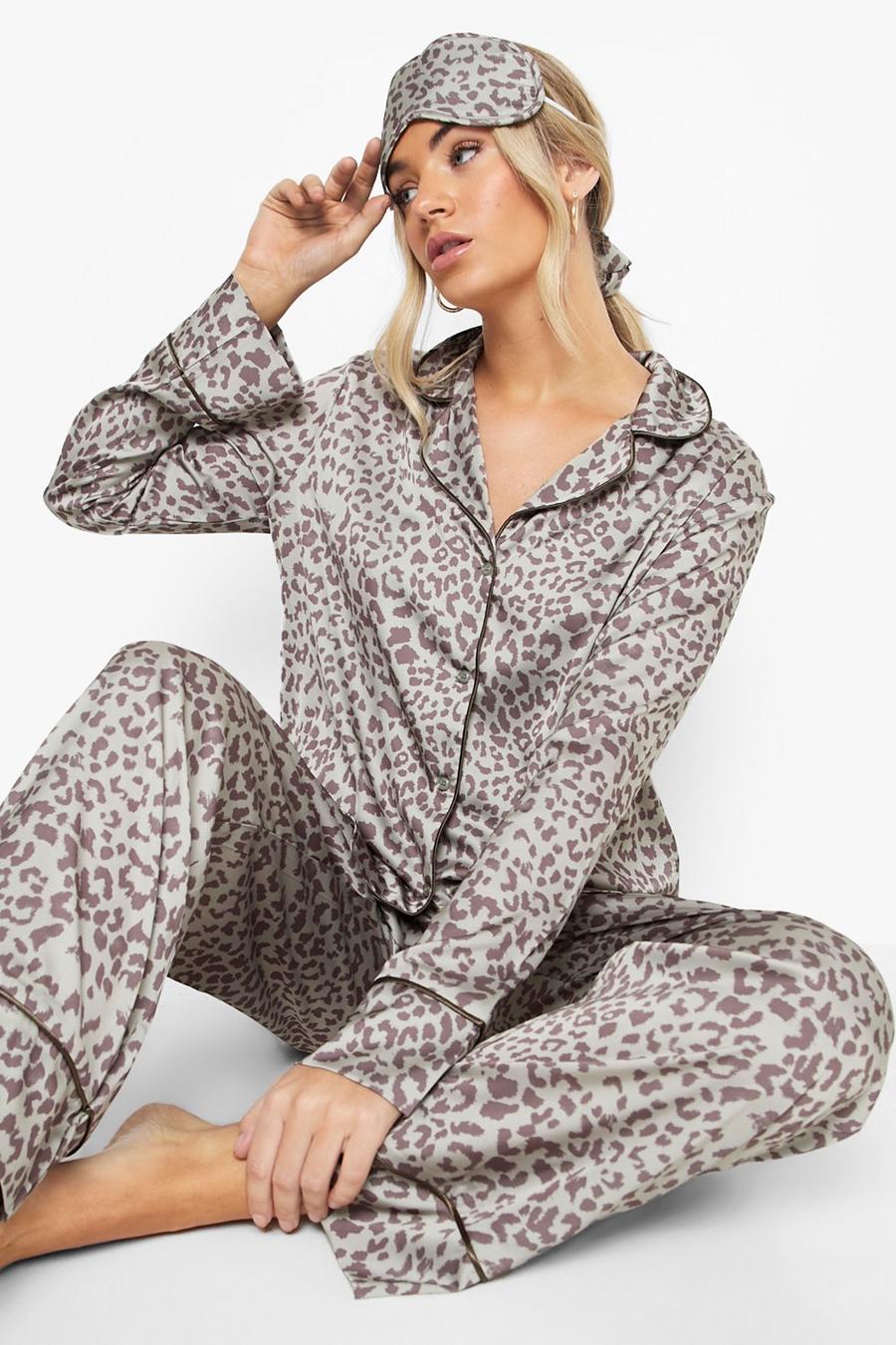 4-teiliges Satin Pyjama-Set mit Leopardenprint, Khaki image number 1