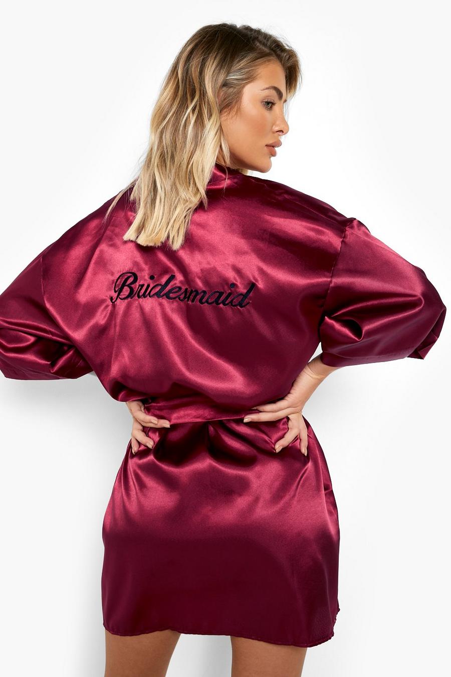 Wine red Bridesmaid Satin Embroidered Robe image number 1