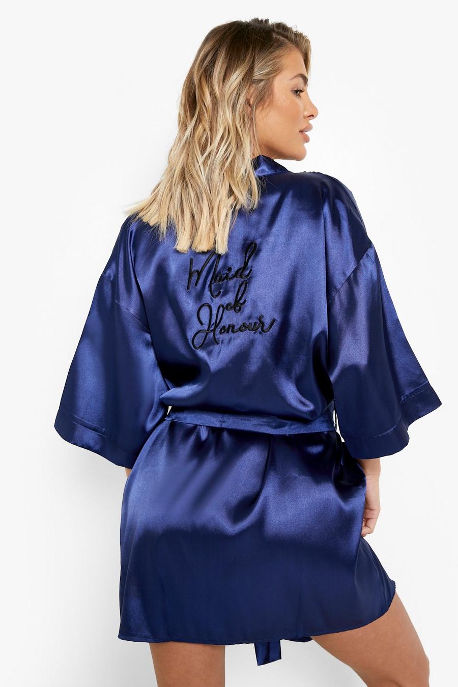 Navy Maid Of Honor Satin Embroidered Robe image number 1