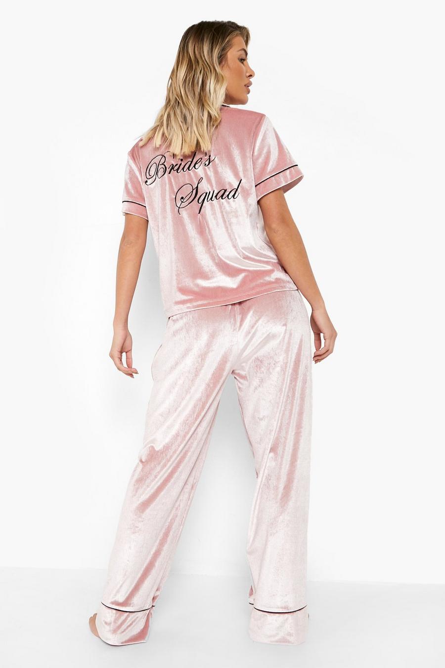 Blush pink Bride Squad Velvet Embroidered Pajama Set image number 1