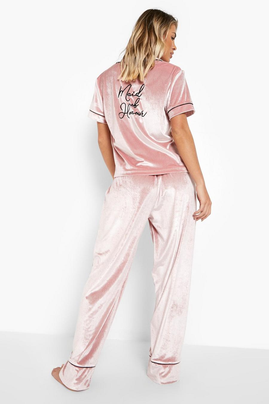Blush pink Maid Of Honour Velvet Embroidered Pyjama Set image number 1