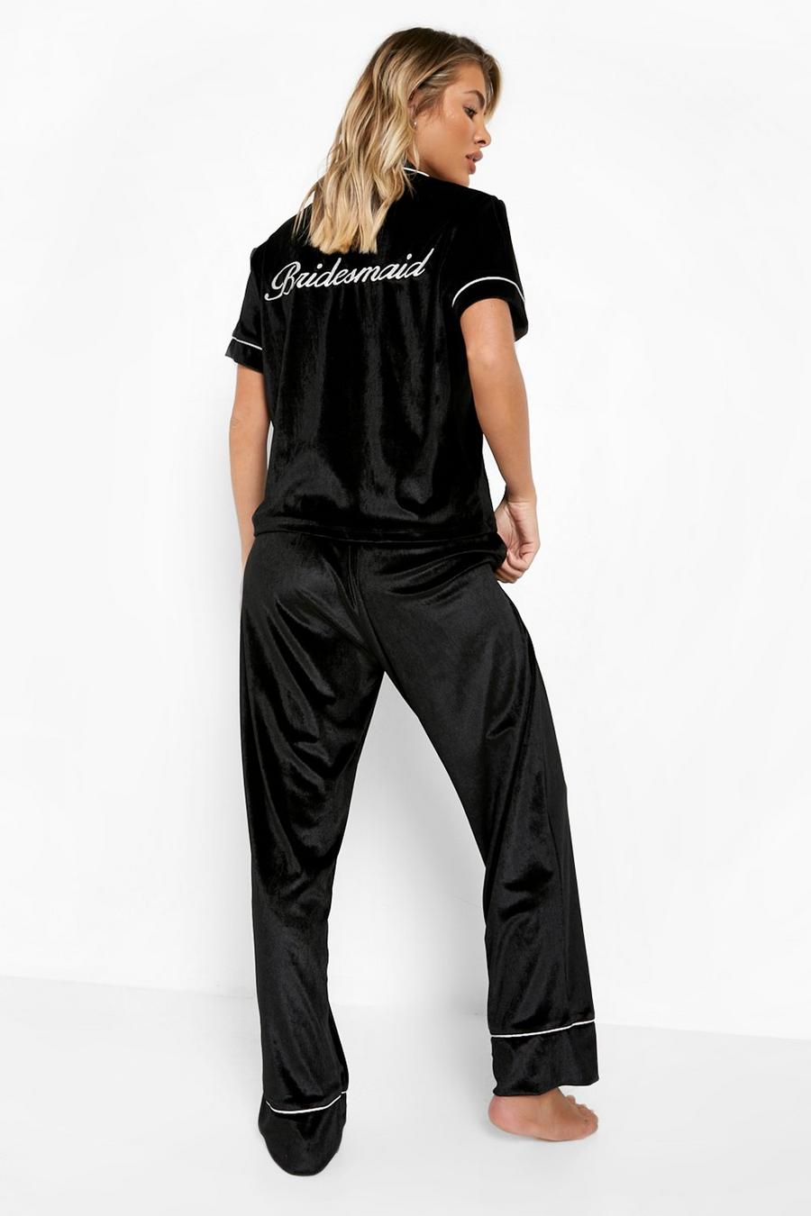 Black Bridesmaid Velvet Embroidered Pajama Set