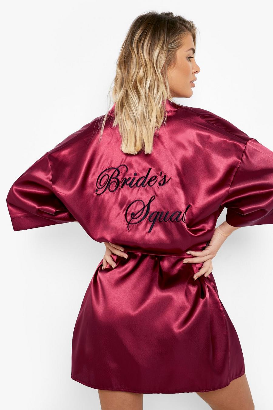 Wine rouge Bride Squad Satin Embroidered Robe