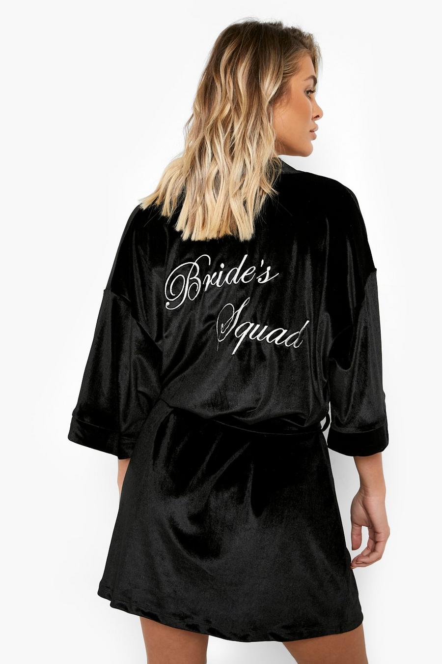 Black schwarz Bride Squad Embroidered Velvet Robe