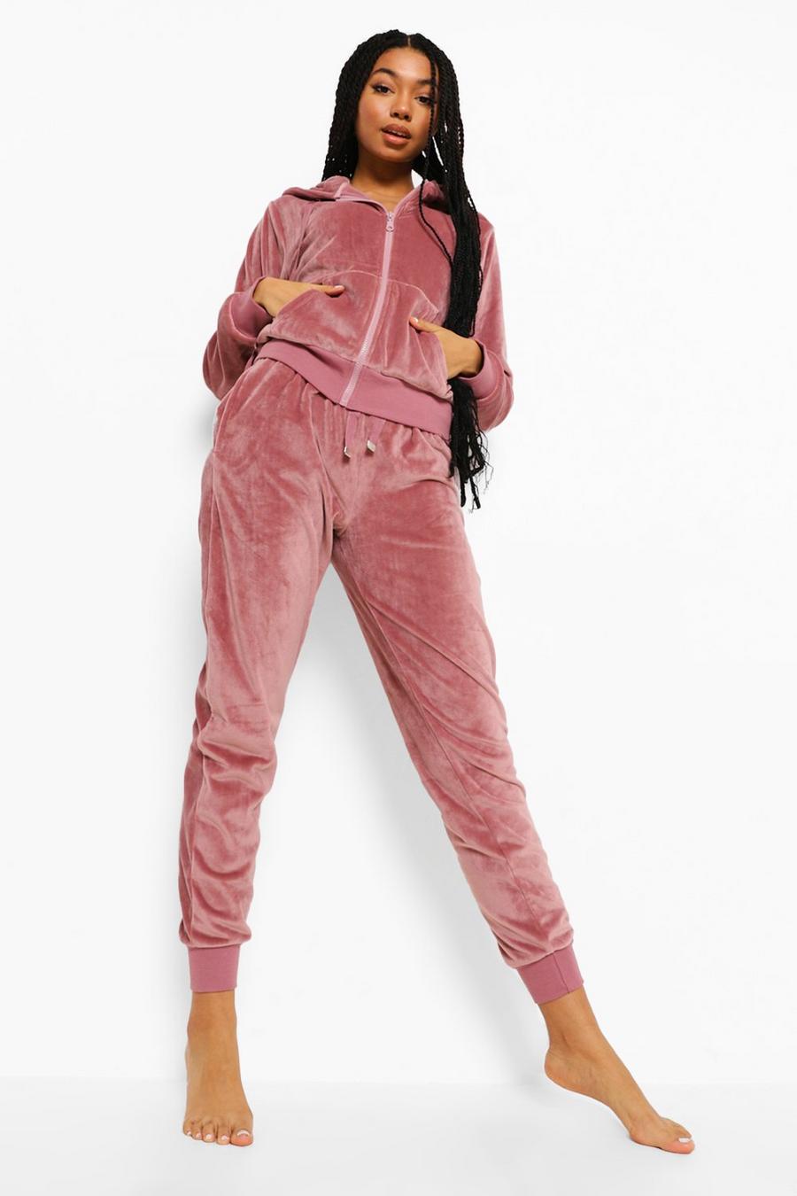 Loungewear-Set aus Velour Hoodie & Jogginghose, Dusky pink image number 1